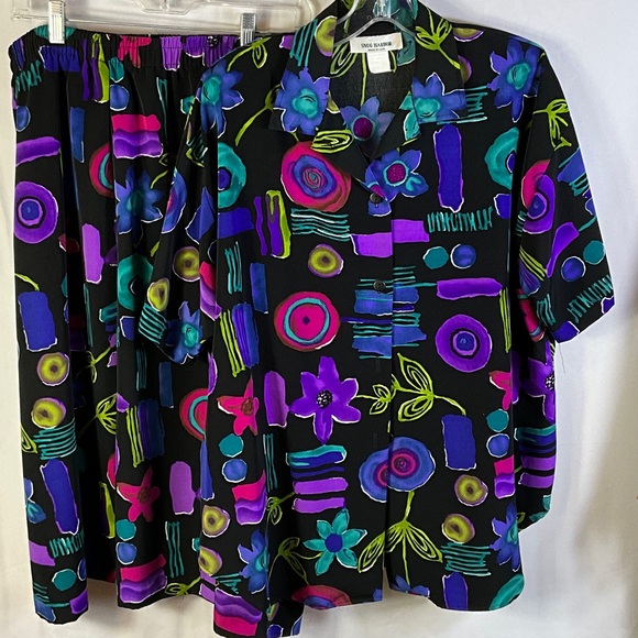 Snug Harbor Dresses & Skirts - Snug Harbor Vintage Black Purple Blue 2 Piece Skirt Set Button Down Top Size 1XL
